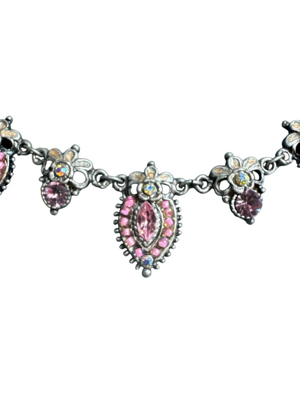 Vintage Silver Necklace With Pink Crystal Floral Motifs & Adjustable Chain Elega - Picture 4 of 6